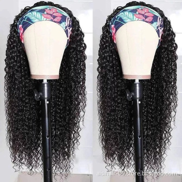 Wholesale Black 20 Inch Body Wave Cheap Black Women Raw Brazillian Real Human Hair Half Wigs With Ice Silk Headband Clipin Curly